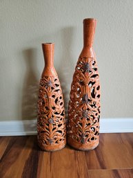 Pair Of Orange Cut Out Ceramic Decorative Vases