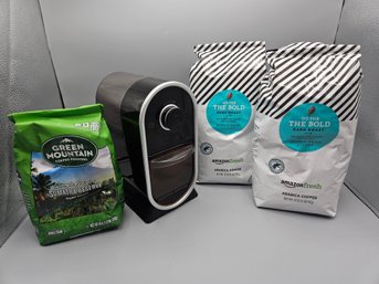 Electric Coffee Grinder With Three Bags Of Coffee Beans