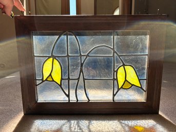 Stained Glass Tulips Window With Wood Frame And Hooks