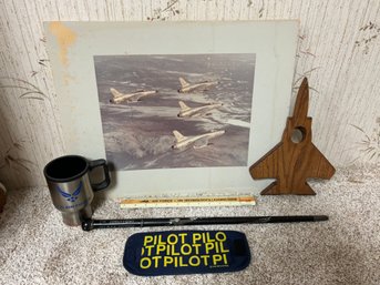 US Air Force Pilot Memorabilia - Jet Photo, 7th Anniversary Wand With Mother Of Pearl And More