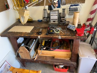 Wood Workbench And Contents