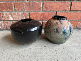 2 Pottery Vases - Solid Black And Black, Blue With Earthtones