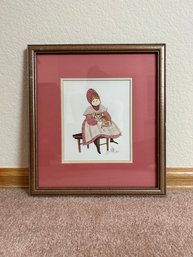 P Buckley Moss Print Of Amish Girl In Pink Holding Cat - Signed And Numbered