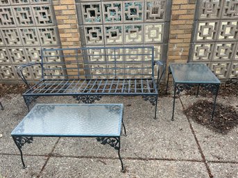 Mid Century Wrought Iron Patio Set Furniture - Sofa Style Bench, Coffee Table, And Side Table