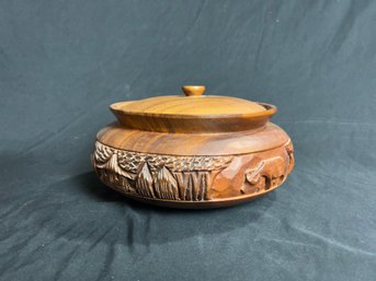 Vintage Hand Carved Teak Wood Bowl With Lid