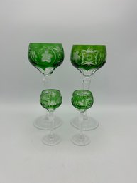 Pair Of Emerald Green Tall Hock Wine And Pair Of Cordials By Nachtmann - Pattern Traube