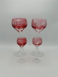 Pair Of Red Tall Hock Wine And Pair Of Cordials By Nachtmann - Pattern Traube