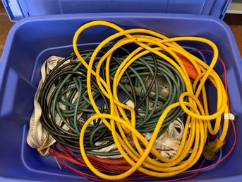Tote Of Extension Cords, Wire, Strap And Hanging Work Light