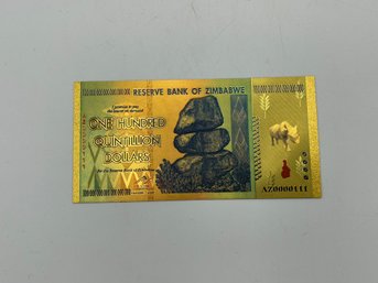 Reserve Bank Of Zimbabwe One Hundred Quintillion Dollars Note