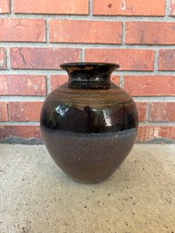 8.5in Brown Half Glazed Pottery Vase - Signed