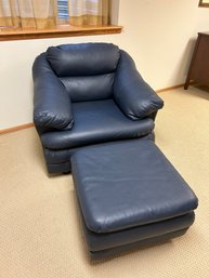 Navy Blue Leather Chair And Ottoman - In Like New Condition