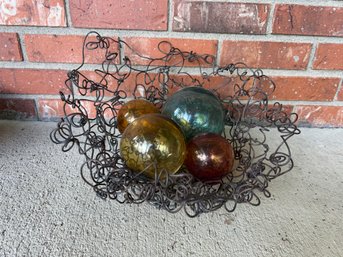 Twisted Metal Wire Art Basket With Colored Blown Glass Balls / Glass Floats