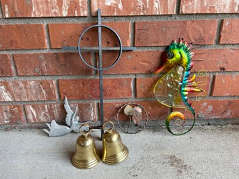 Assorted Home And Outdoor Decor - Cross, Seahorse, Angel, Bells, And Small Metal Leaf Art