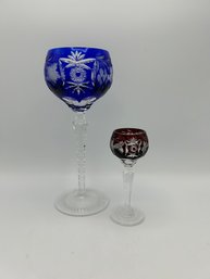 Mismatched Cobalt Blue Tall Hock Wine And Ruby Cordial By Nachtmann - Pattern Traube