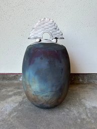 15.5in Unique Pottery Vase With Textured Decorative Top Piece