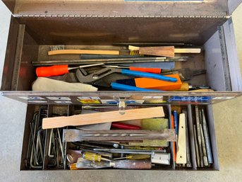 Metal Toolbox And Its Contents - Files, Allen Wrenchs And More