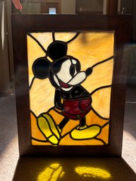 Mickey Mouse Stained Glass Window With Wood Frame Hooks And Chains