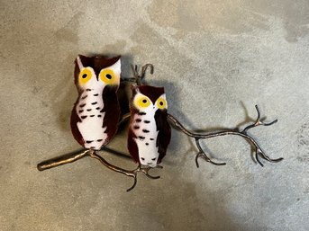 Mid Century Enameled Horned Owls On Branch