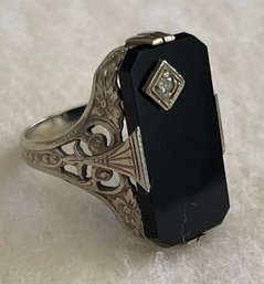 14k Gold Filigree With Black Onyx And Diamond Ring Size 5