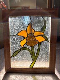 Daffodil Stained Glass Window With Wood Frame And Hooks