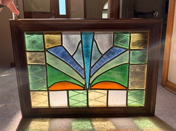 Stained Glass Window With Wood Frame And Hooks For Hanging