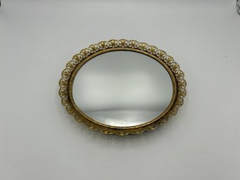 Small Mirror Tray Or Wall Hanging With Gold Toned Filigree Edge