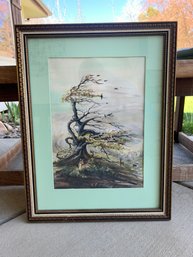 Watercolor Painting Of Fawn Beneath A Windblown Tree Artist Signed