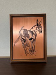 Framed Young Donkey And Bird Art On Copper