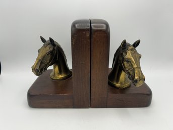 Cornwall Wood Products Brass Horse Heads On Wood Bookends