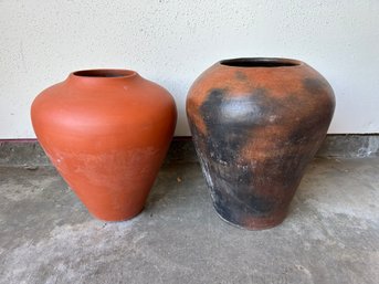 2 Pottery Vases - Natural Tone And Natural With Black