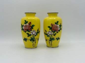 Pair Of Vintage Japanese Cloisonne Vases In Yellow With Rose Design