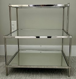 Pair- Stunning Glass Nightstands In A Stainless Steel Frame Mirror On Bottom Shelf