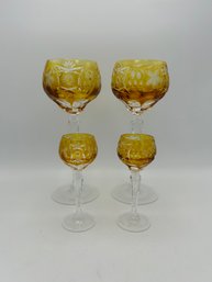 Pair Of Amber Tall Hock Wine And Pair Of Cordials By Nachtmann - Pattern Traube