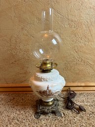 Queen Anne No. 2 Electric Milk Glass Hurricane Lamp With Brass Base