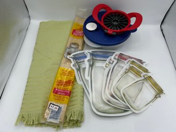 Kitchen Items - Towel, Mason Jar Ziploc Bags, Slicer, Food Storage Container, And A Corn Cutter