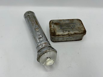 WWII Era MCO Signal Flash Light And Vintage Halco Snake Bite Outfit First Aid Pocket Kit