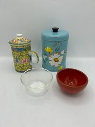 Tea Steeping Mug, Small Vintage Canister, Small Bowls
