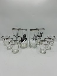 Vintage High Ball Game Bird Glasses And Silver Rim 6 Cocktail Glasses