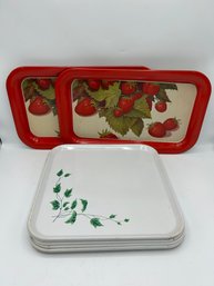 Vintage Tray Sets - 2 Rectangular Strawberry Design And 6 Square Leaf Design