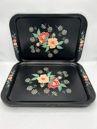 Set Of 6 Vintage Black Floral Trays