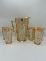 Iridescent Carnival Glass Pitcher And 5 Glasses With White Floral Design