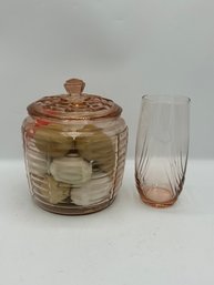 Pink Depression Glass Biscuit Jar With Blown Eggs And A Tumbler Glass