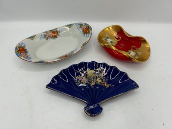 Trinket Dishes - Red Venetian Glass, Blue Fan, And Hand Painted Trico