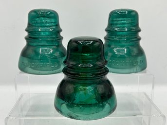 3 Brookfield Glass Insulators - One With Amber Swirls