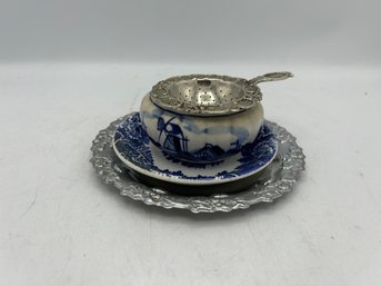 Silver Plated Tea Strainer And Plate, Delft Blue Small Bowl And Enoch Blue And White Plate
