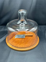 Wood Cheese Tray With Glass Dome Cover And Cheese Cleaver