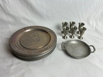 6 RWP Wilton Tiffin Inn Pewter Plates, 6 Pewter Cordials, And Small Pewter Handled Dish