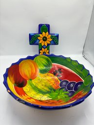 Bright Hand Painted Bowl And Cross Wall Pocket