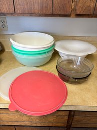 3 Large Plastic Bowls, 2 Lids, Colander, Glass Bowl, And Round Glass Pan