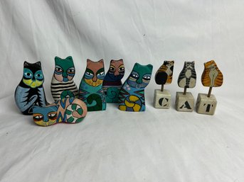 Vintage Laurel Burch Hand Painted Carved Wood Cats And Folk Art Wood Cats On Blocks